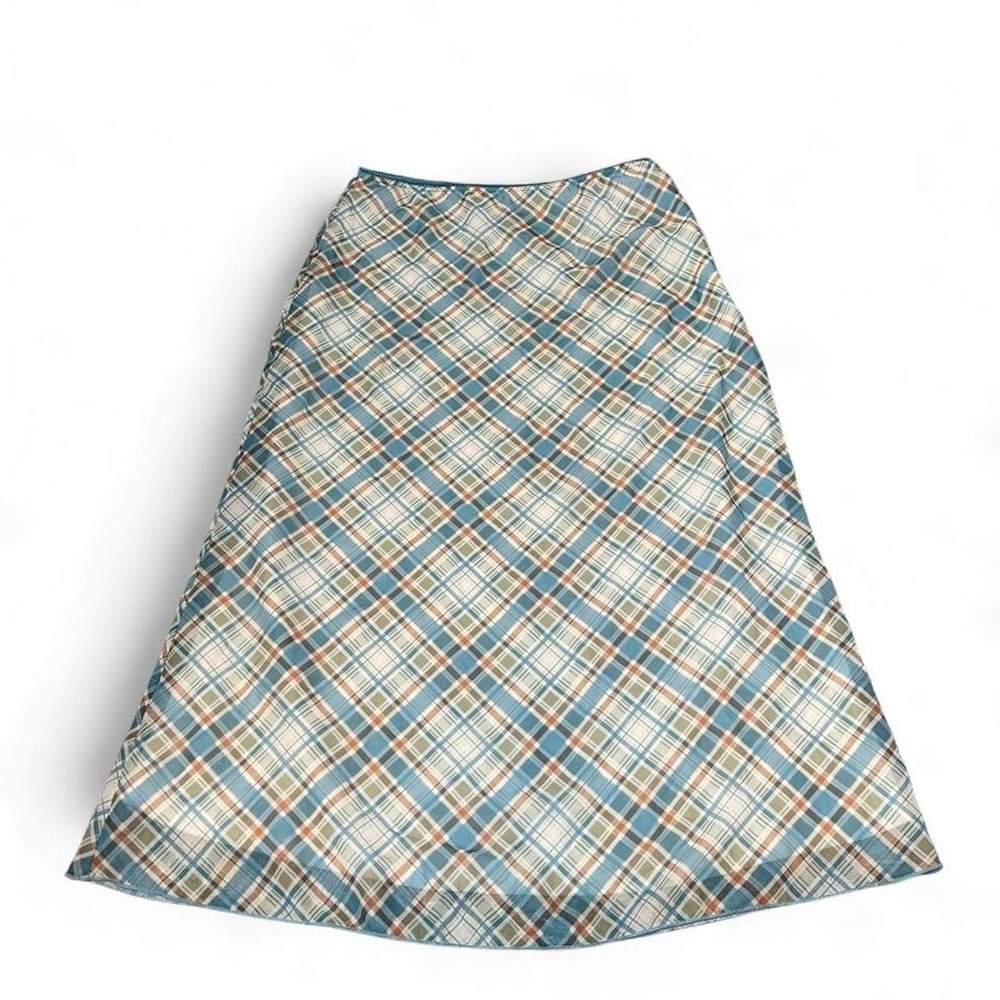 IZ Byer girl blue and brown plaid midi skirt with zipper closure